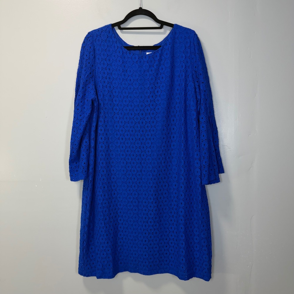Chicos Blue Eyelet Lace Shift Dress Size 3 XL Split Bell Sleeve Zip Back